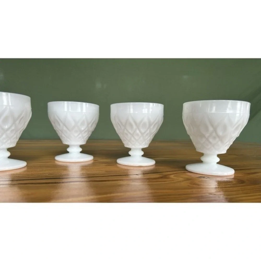 5-PC‎ Milk Glass Footed Drinking Goblet Cups Diamond Geometric 3D Design